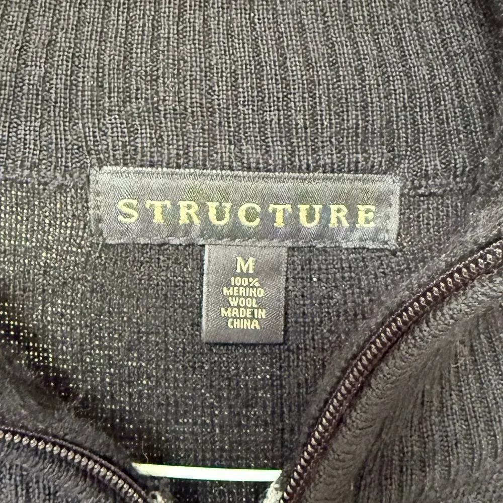 Structure Men’s Black Sweater. 100% Merino Wool. Size L.  1/4 zip.